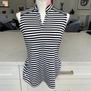 Fairways Slvless Mandarin Collar V Neck Striped DeLux Dri Golf Top Blk+Wht Sz S